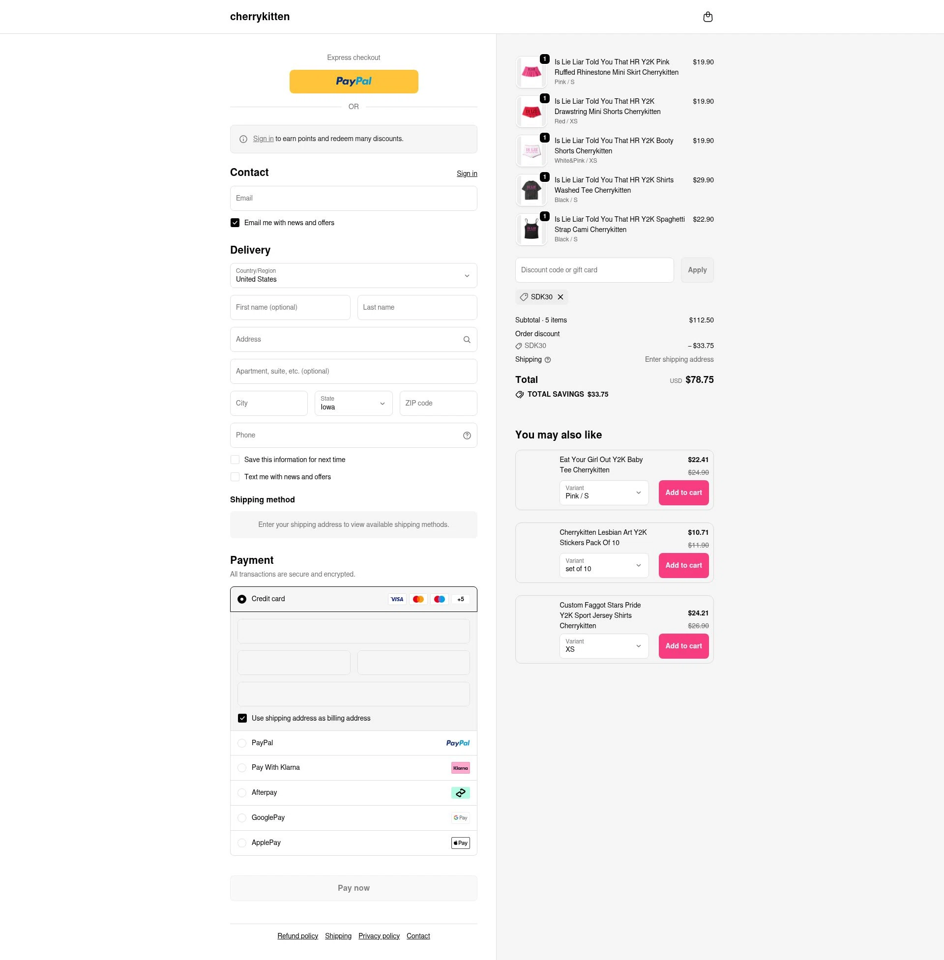 Cherry Kitten checkout page showing Cherry Kitten discount code box | Screenshot taken by SimplyCodes community member on Feb 15, 2026