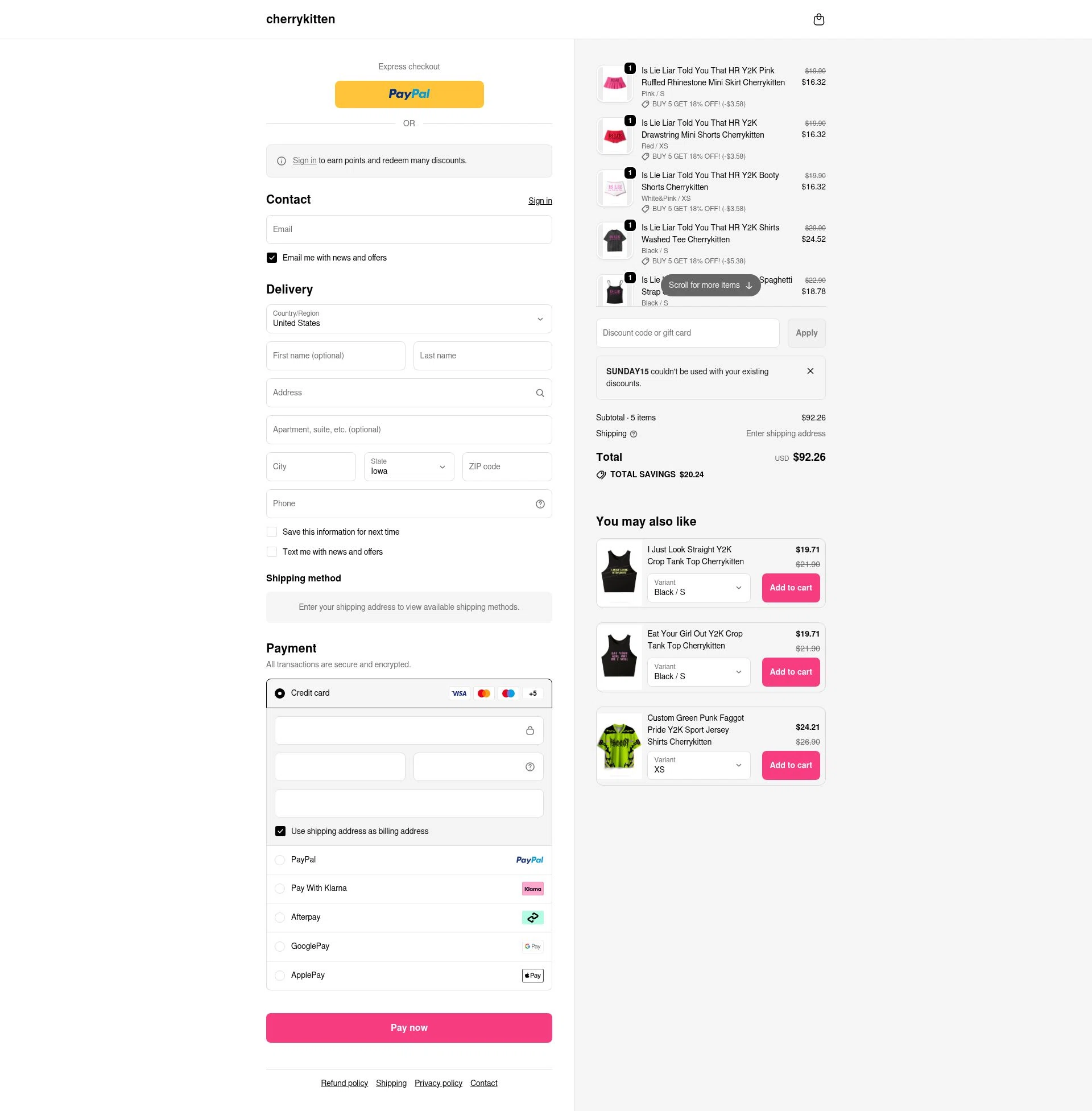 Cherry Kitten checkout page showing Cherry Kitten discount code box | Screenshot taken by SimplyCodes community member on Feb 15, 2026