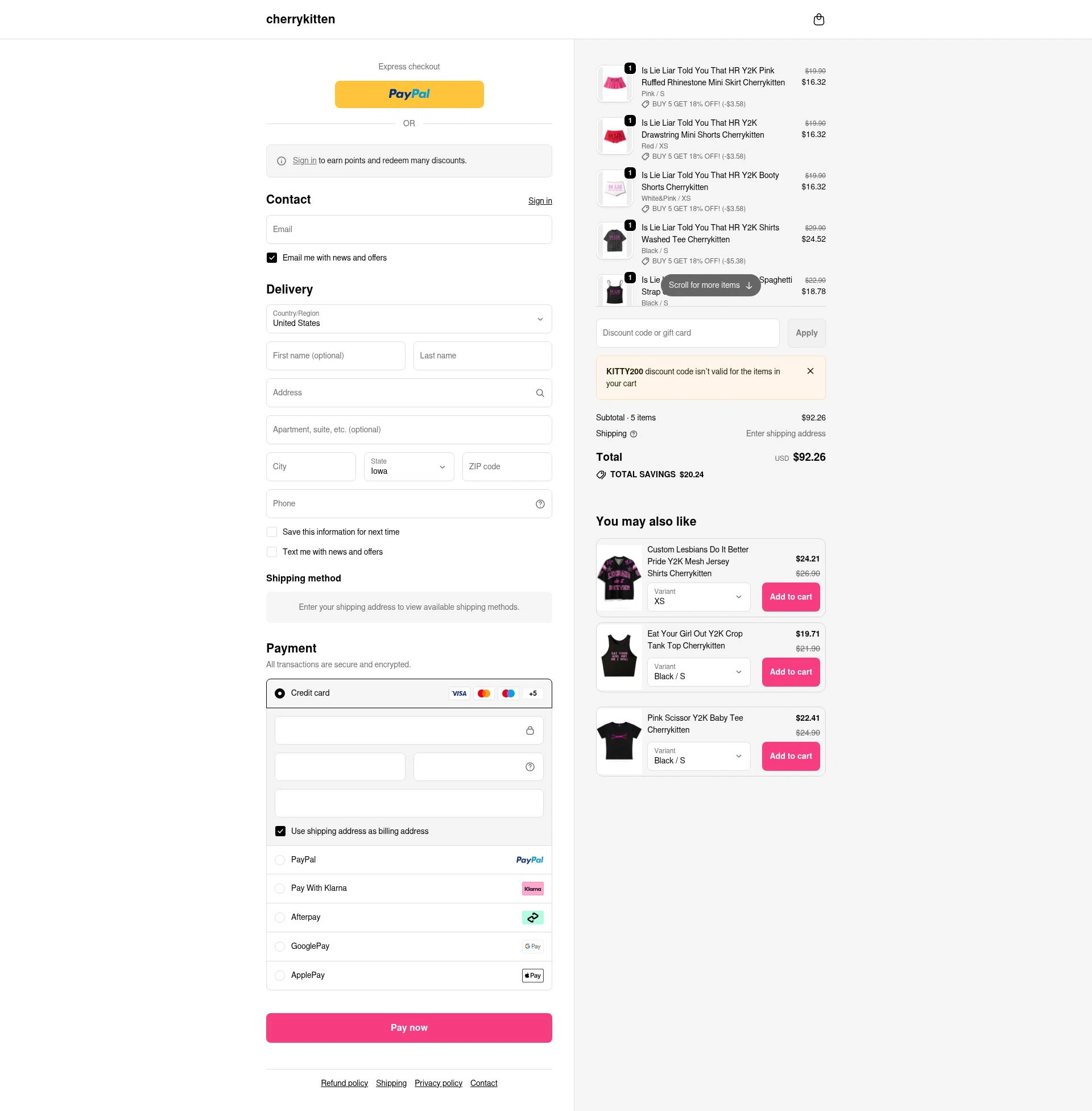 Cherry Kitten checkout page showing Cherry Kitten discount code box | Screenshot taken by SimplyCodes community member on Feb 15, 2026
