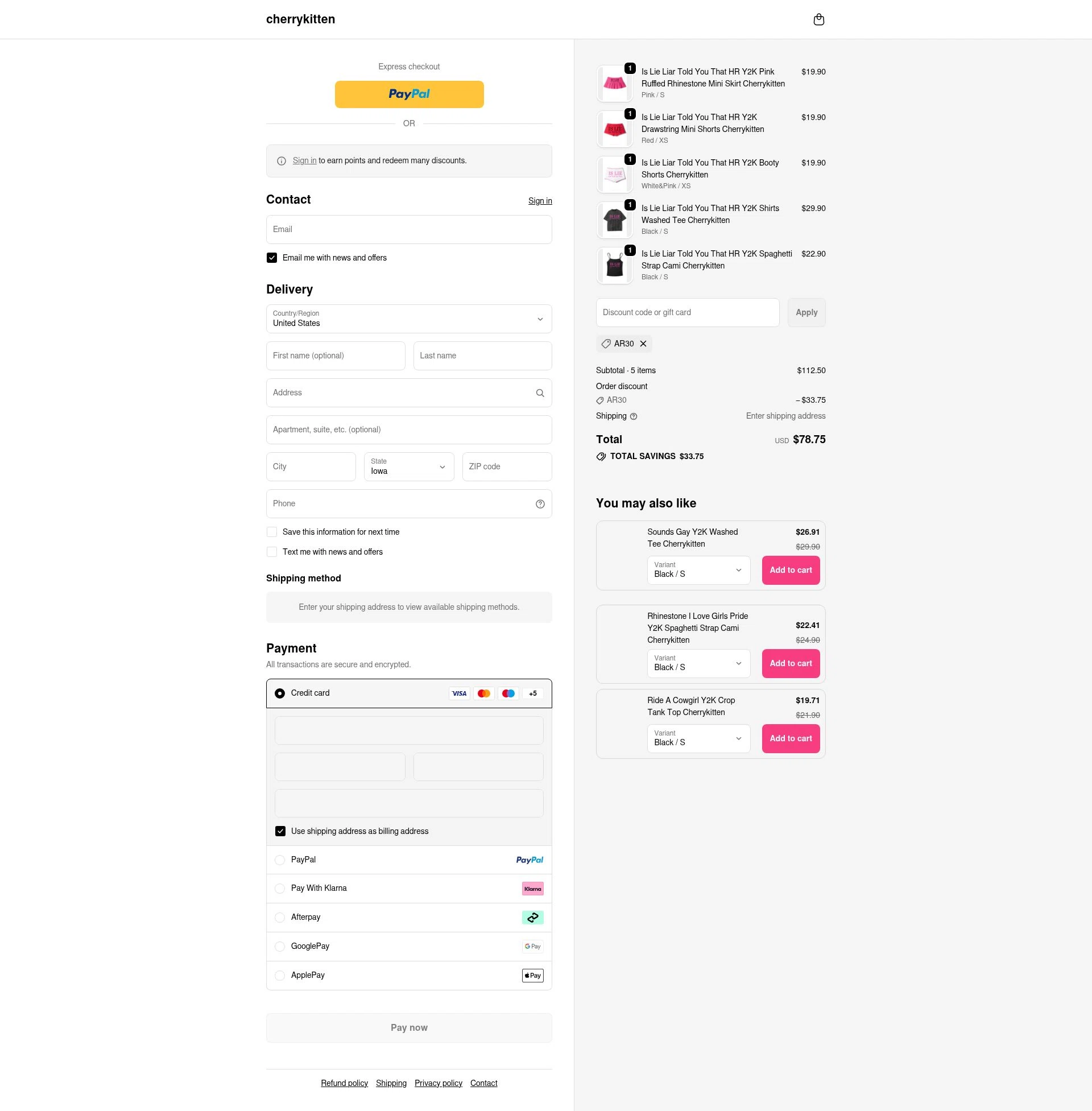 Cherry Kitten checkout page showing Cherry Kitten discount code box | Screenshot taken by SimplyCodes community member on Feb 15, 2026