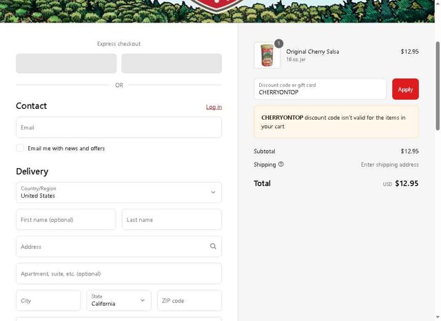 Cherry Republic checkout page showing Cherry Republic coupon code box | Screenshot taken by SimplyCodes community member on Aug 22, 2025