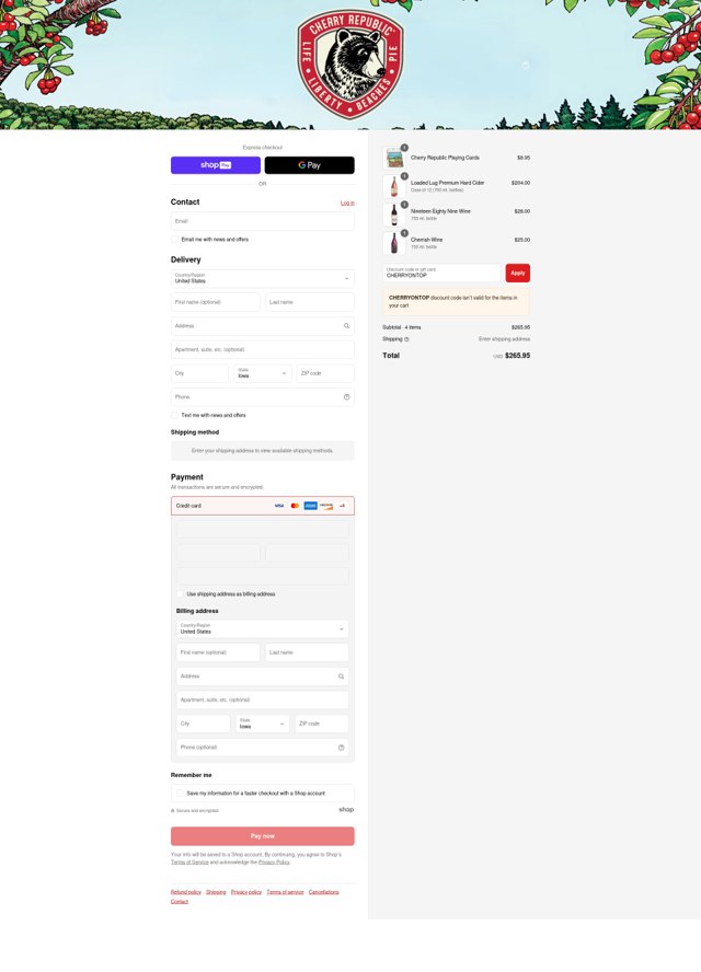 Cherry Republic checkout page showing Cherry Republic coupon code box | Screenshot taken by SimplyCodes community member on Aug 26, 2025