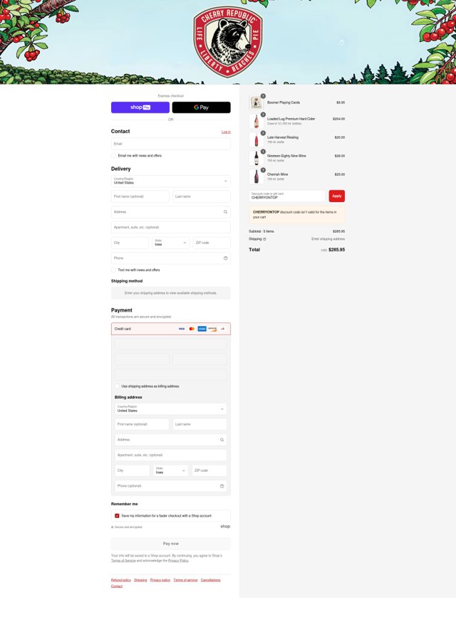 Cherry Republic checkout page showing Cherry Republic coupon code box | Screenshot taken by SimplyCodes community member on Aug 17, 2025