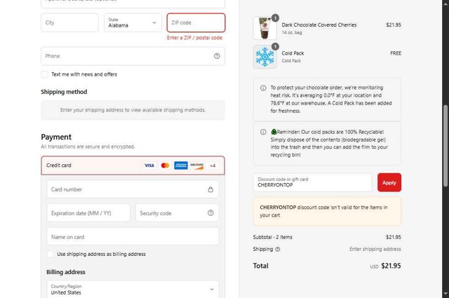 Cherry Republic checkout page showing Cherry Republic coupon code box | Screenshot taken by SimplyCodes community member on Aug 13, 2025