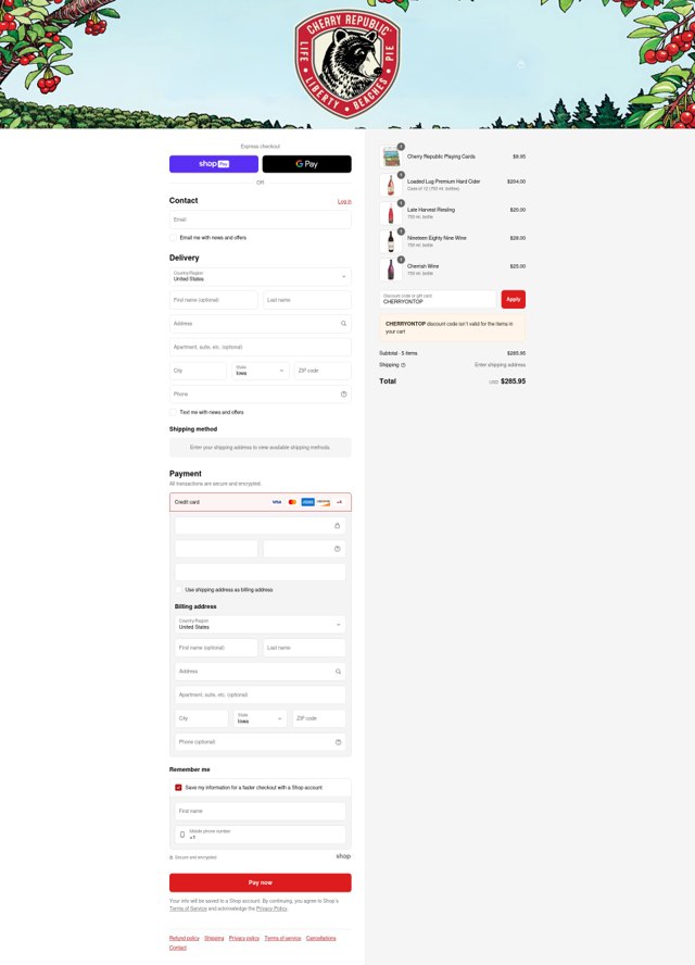 Cherry Republic checkout page showing Cherry Republic coupon code box | Screenshot taken by SimplyCodes community member on Aug 22, 2025