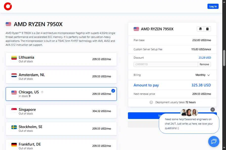 Cherry Servers checkout page showing Cherry Servers discount code box | Screenshot taken by SimplyCodes community member on Jan 5, 2026