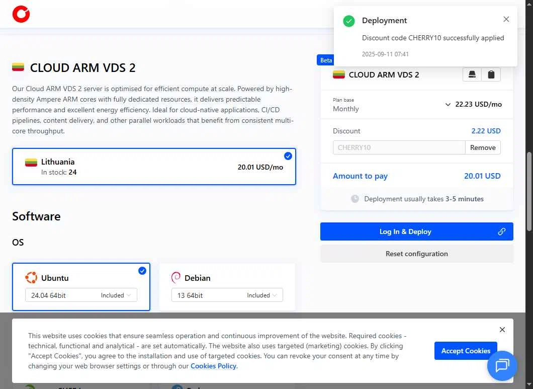 Cherry Servers checkout page showing Cherry Servers discount code box | Screenshot taken by SimplyCodes community member on Sep 11, 2025