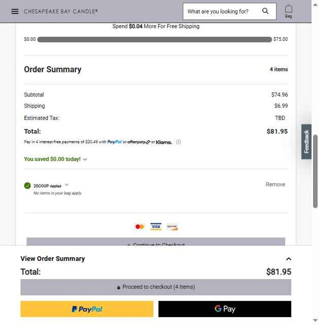 Chesapeake Bay Candle checkout page showing Chesapeake Bay Candle promo code box | Screenshot taken by SimplyCodes community member on Jun 28, 2025