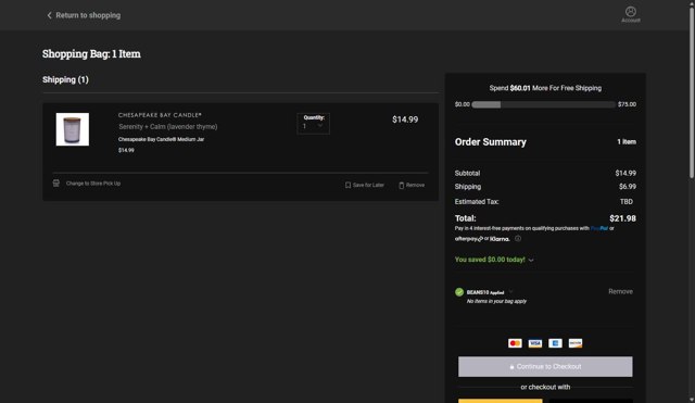 Chesapeake Bay Candle checkout page showing Chesapeake Bay Candle promo code box | Screenshot taken by SimplyCodes community member on Aug 3, 2025