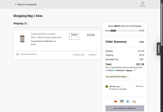Chesapeake Bay Candle checkout page showing Chesapeake Bay Candle promo code box | Screenshot taken by SimplyCodes community member on Aug 25, 2025