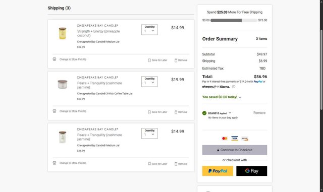 Chesapeake Bay Candle checkout page showing Chesapeake Bay Candle promo code box | Screenshot taken by SimplyCodes community member on Jul 5, 2025