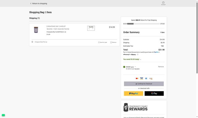 Chesapeake Bay Candle checkout page showing Chesapeake Bay Candle promo code box | Screenshot taken by SimplyCodes community member on Aug 25, 2025