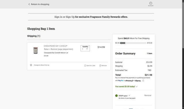 Chesapeake Bay Candle checkout page showing Chesapeake Bay Candle promo code box | Screenshot taken by SimplyCodes community member on Aug 16, 2025