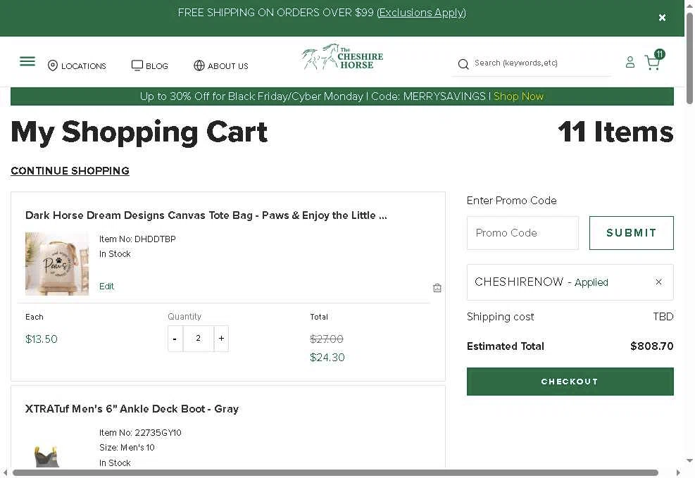 The Cheshire Horse checkout page showing The Cheshire Horse promo code box | Screenshot taken by SimplyCodes community member on Dec 1, 2025