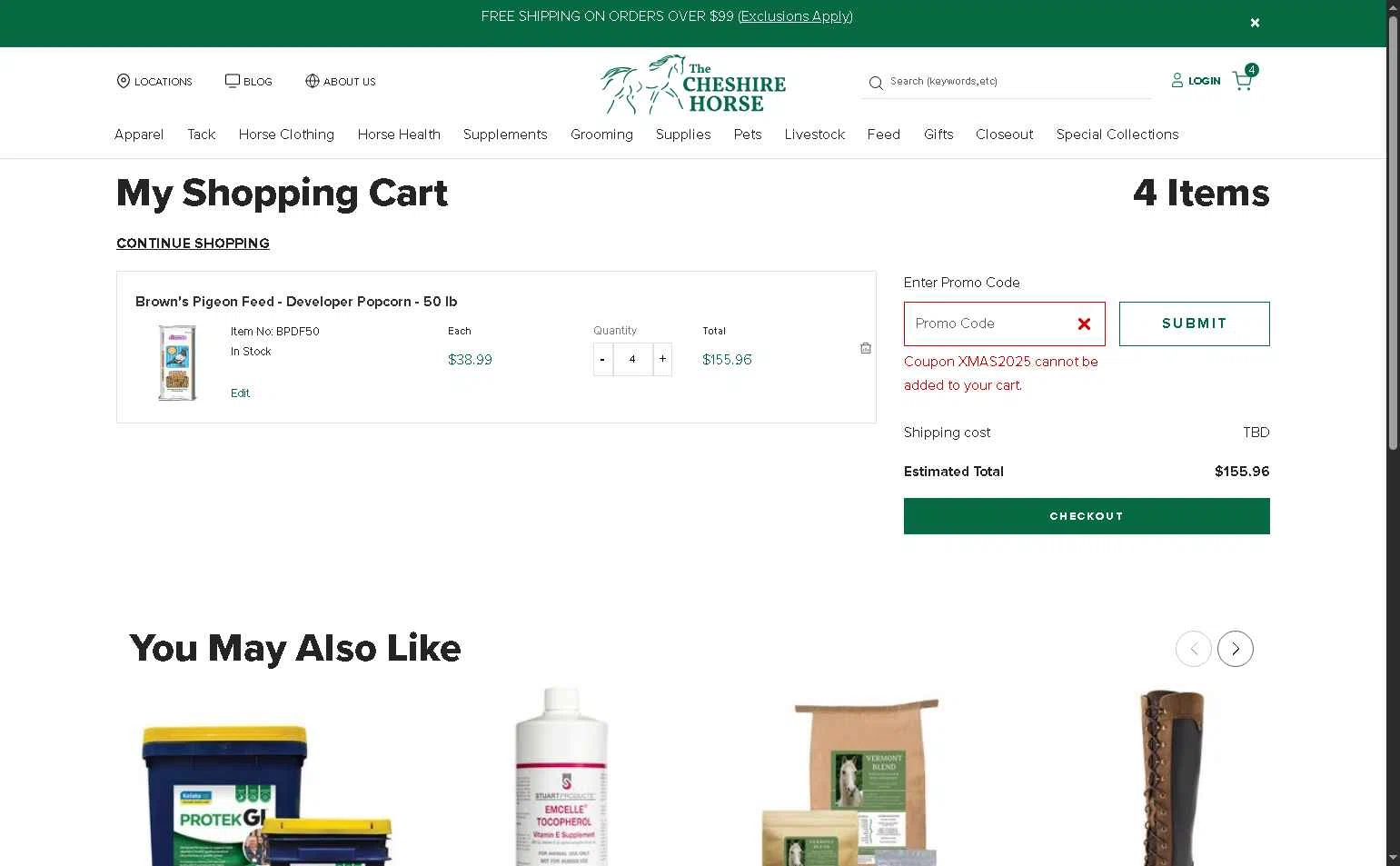 The Cheshire Horse checkout page showing The Cheshire Horse promo code box | Screenshot taken by SimplyCodes community member on Jan 9, 2026