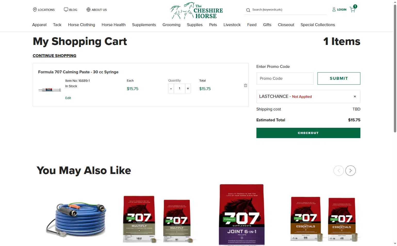 The Cheshire Horse checkout page showing The Cheshire Horse promo code box | Screenshot taken by SimplyCodes community member on Dec 27, 2025