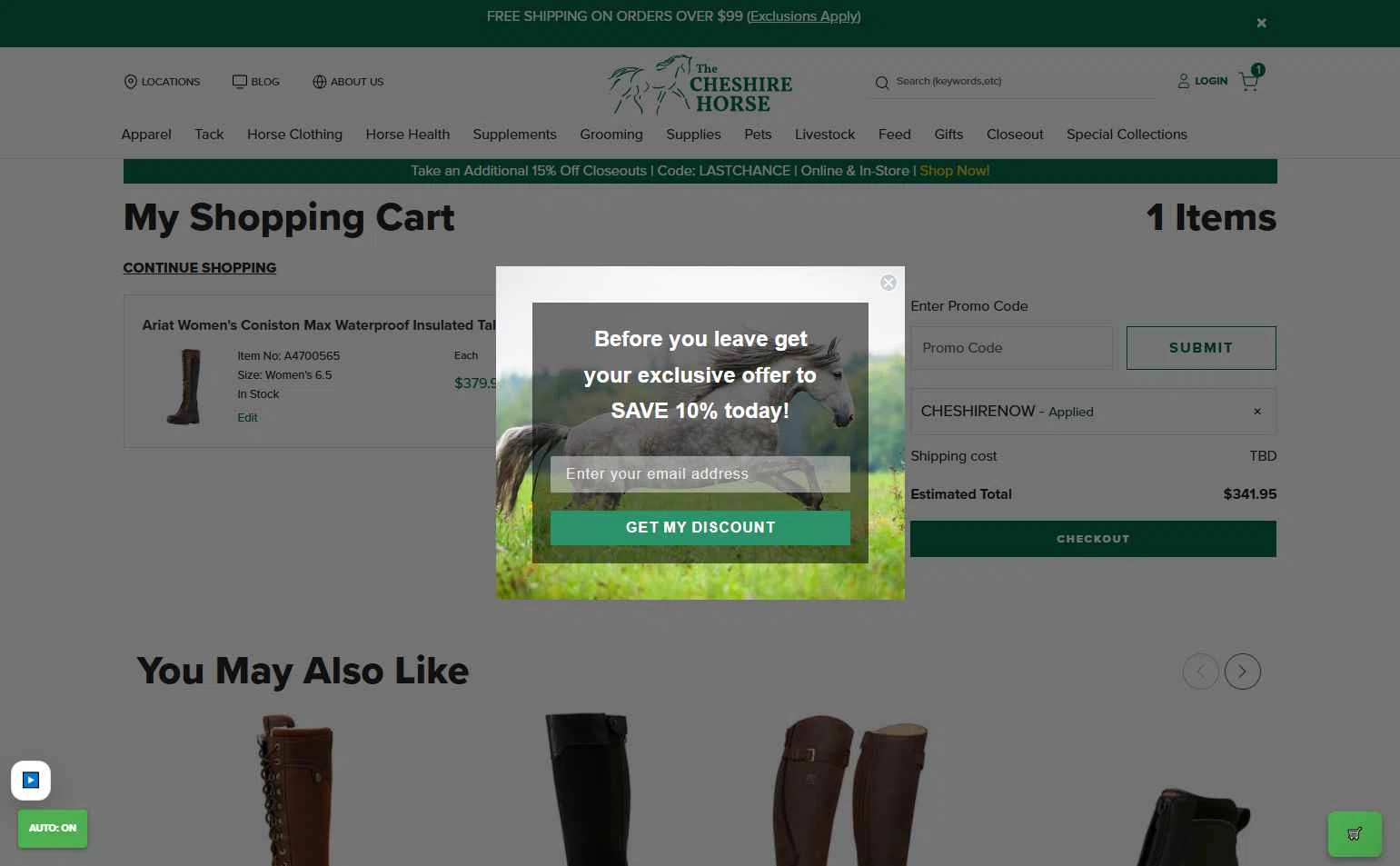 The Cheshire Horse checkout page showing The Cheshire Horse promo code box | Screenshot taken by SimplyCodes community member on Dec 30, 2025