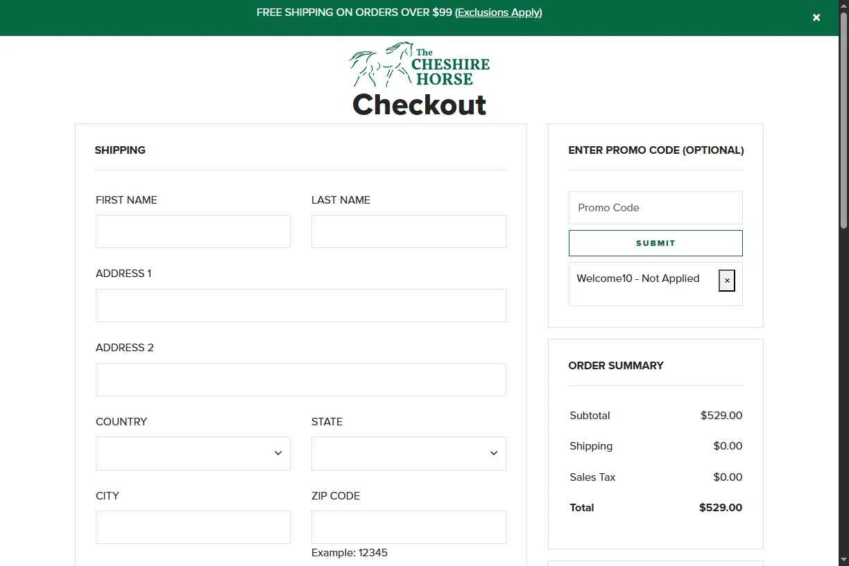 The Cheshire Horse checkout page showing The Cheshire Horse promo code box | Screenshot taken by SimplyCodes community member on Nov 17, 2025