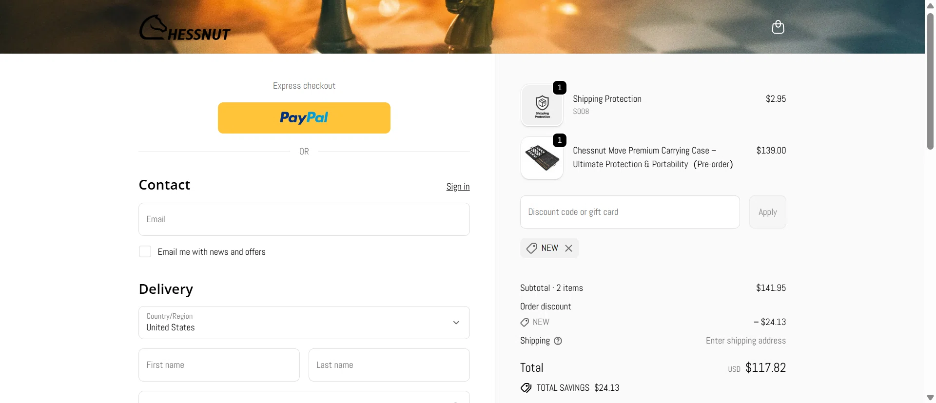 Chessnut promo code screenshot showing code NEW applied at Chessnut checkout page. Uploaded by SimplyCodes community member ScanCaptain on Jun 5, 2026