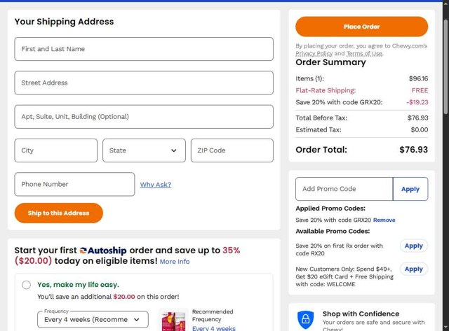 Chewy checkout page showing Chewy promo code box | Screenshot taken by SimplyCodes community member on Aug 28, 2025