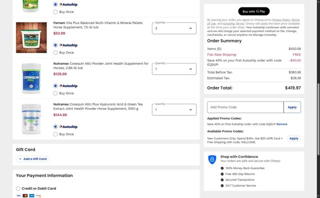 Chewy checkout page showing Chewy promo code box | Screenshot taken by SimplyCodes community member on Aug 18, 2025