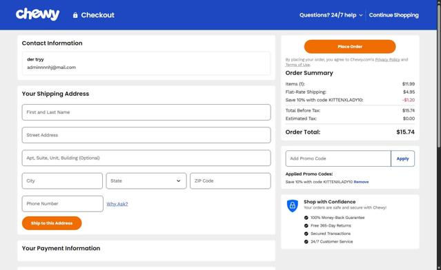 Chewy checkout page showing Chewy promo code box | Screenshot taken by SimplyCodes community member on Sep 23, 2025