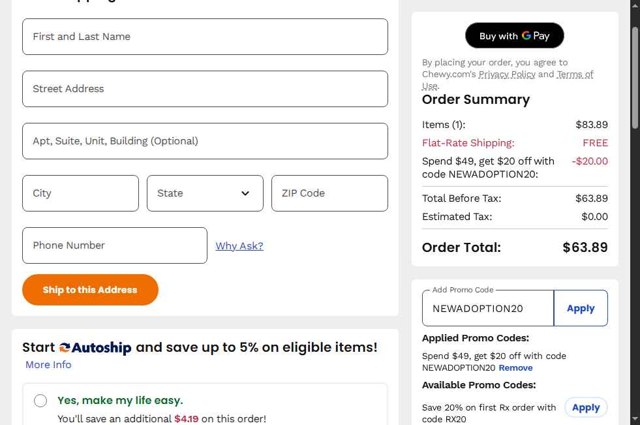 Chewy checkout page showing Chewy promo code box | Screenshot taken by SimplyCodes community member on Aug 24, 2025
