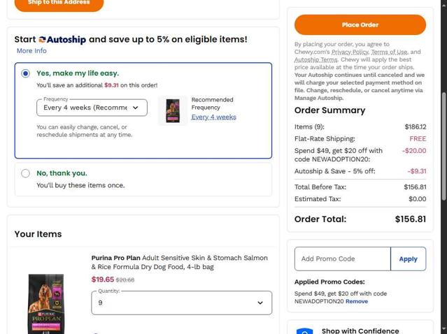 Chewy checkout page showing Chewy promo code box | Screenshot taken by SimplyCodes community member on Sep 26, 2025