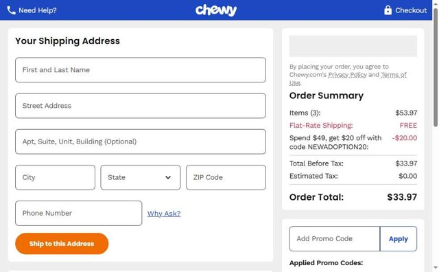 Chewy checkout page showing Chewy promo code box | Screenshot taken by SimplyCodes community member on Aug 27, 2025