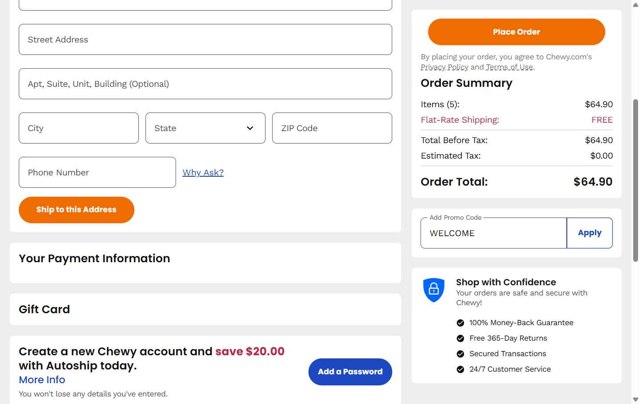 Chewy checkout page showing Chewy promo code box | Screenshot taken by SimplyCodes community member on Aug 19, 2025