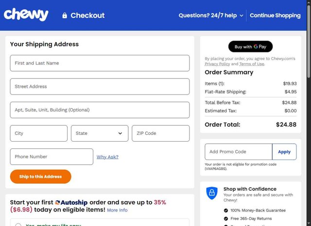 Chewy checkout page showing Chewy promo code box | Screenshot taken by SimplyCodes community member on Aug 29, 2025