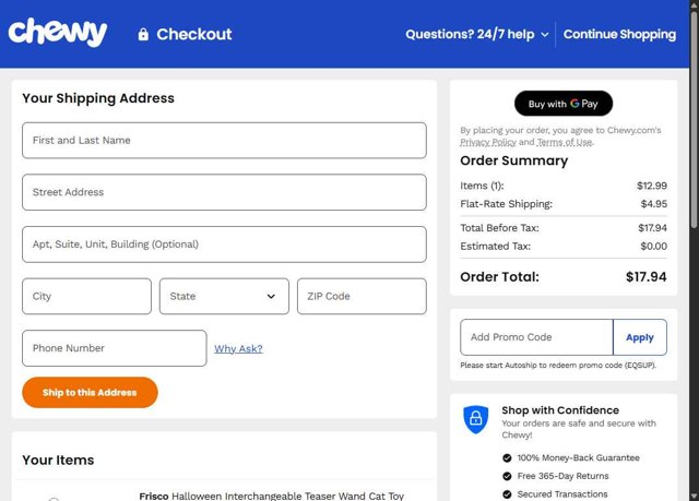 Chewy checkout page showing Chewy promo code box | Screenshot taken by SimplyCodes community member on Aug 27, 2025