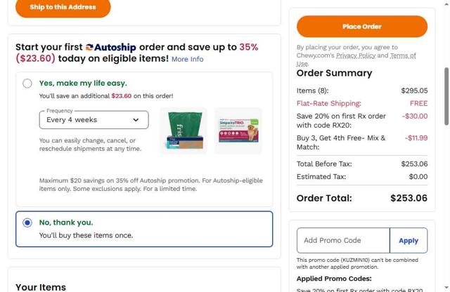 Chewy checkout page showing Chewy promo code box | Screenshot taken by SimplyCodes community member on Sep 25, 2025