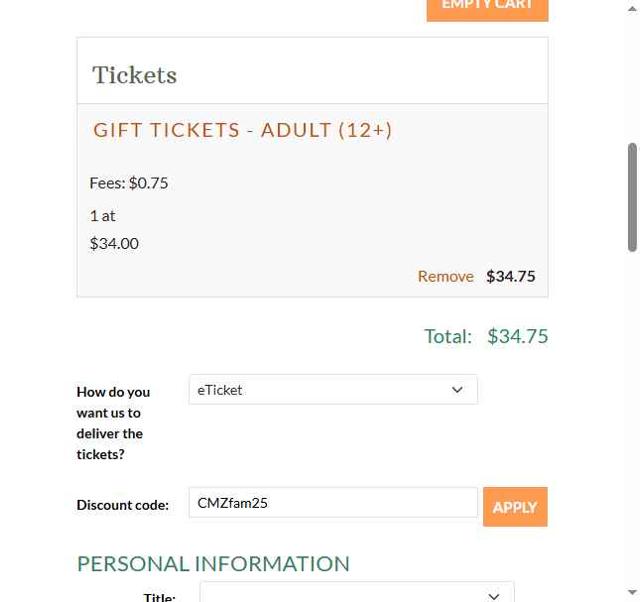 Cheyenne Mountain Zoo checkout page showing Cheyenne Mountain Zoo discount code box | Screenshot taken by SimplyCodes community member on May 11, 2025