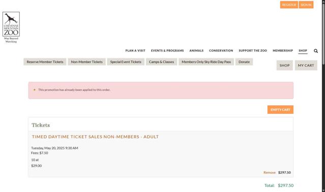 Cheyenne Mountain Zoo checkout page showing Cheyenne Mountain Zoo discount code box | Screenshot taken by SimplyCodes community member on May 20, 2025