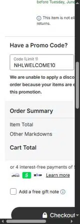 NHLWELCOME10 coupon verification screenshot