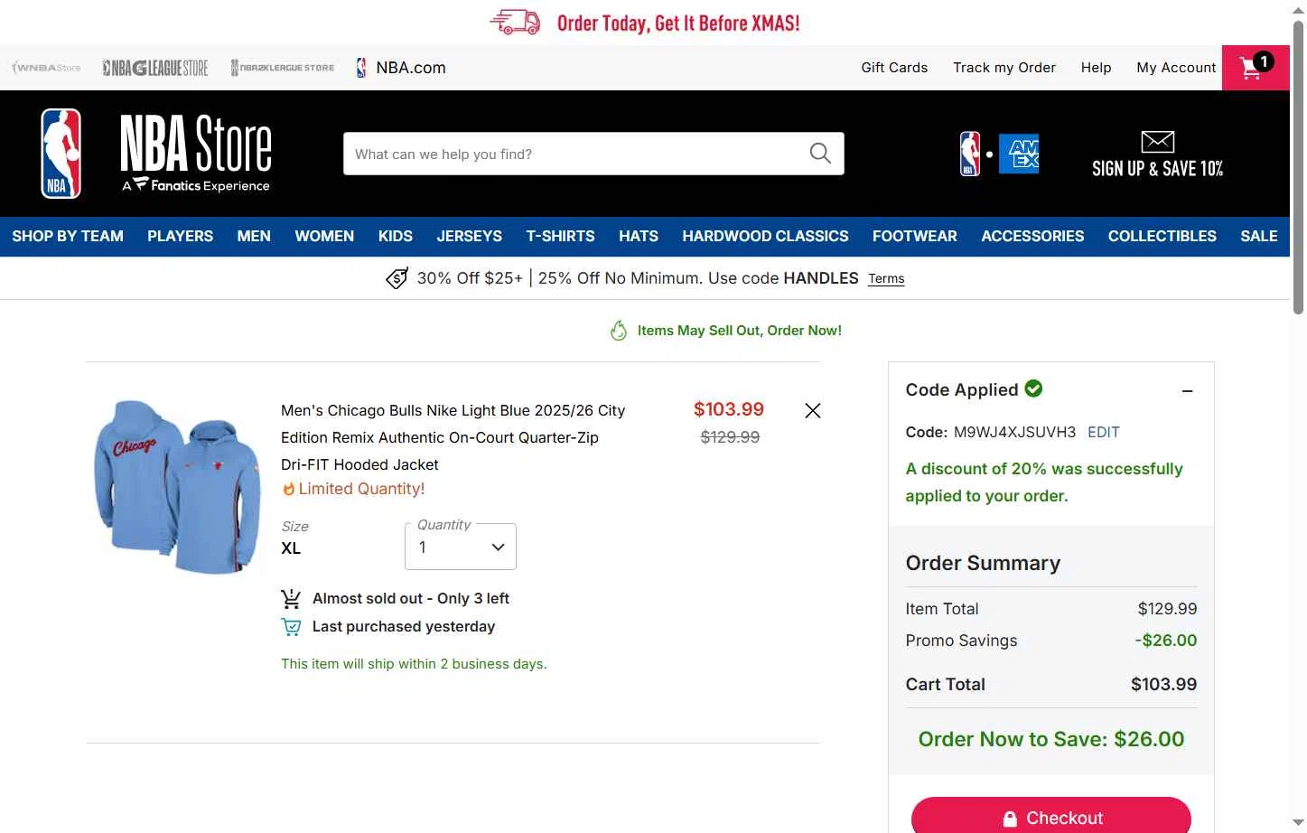 Chicago Bulls checkout page showing Chicago Bulls promo code box | Screenshot taken by SimplyCodes community member on Dec 16, 2025
