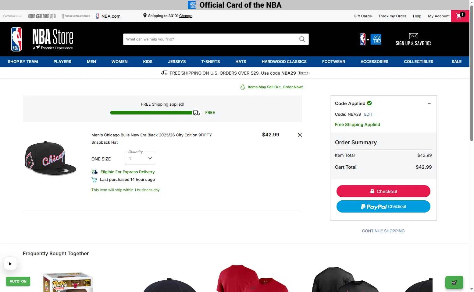 Chicago Bulls checkout page showing Chicago Bulls promo code box | Screenshot taken by SimplyCodes community member on Jan 10, 2026