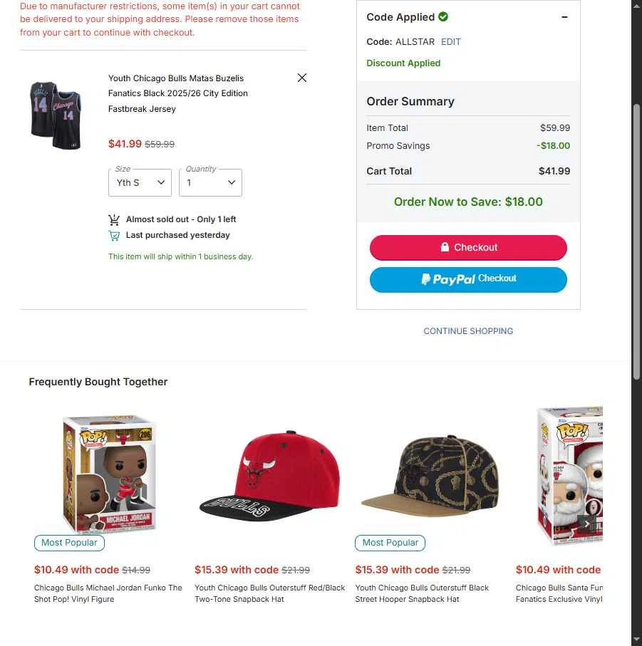 Chicago Bulls checkout page showing Chicago Bulls promo code box | Screenshot taken by SimplyCodes community member on Feb 13, 2026