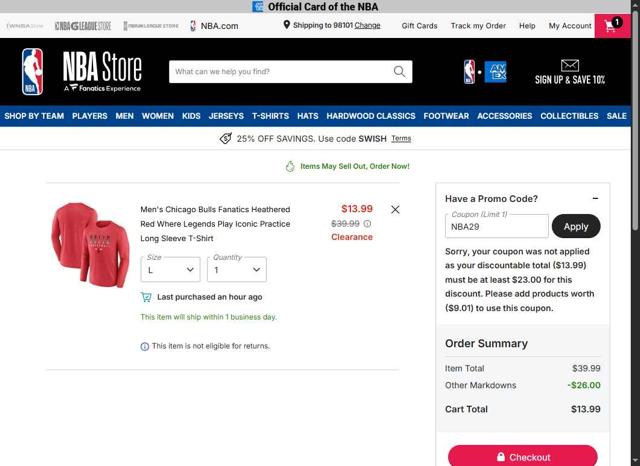 Chicago Bulls checkout page showing Chicago Bulls promo code box | Screenshot taken by SimplyCodes community member on Oct 6, 2025