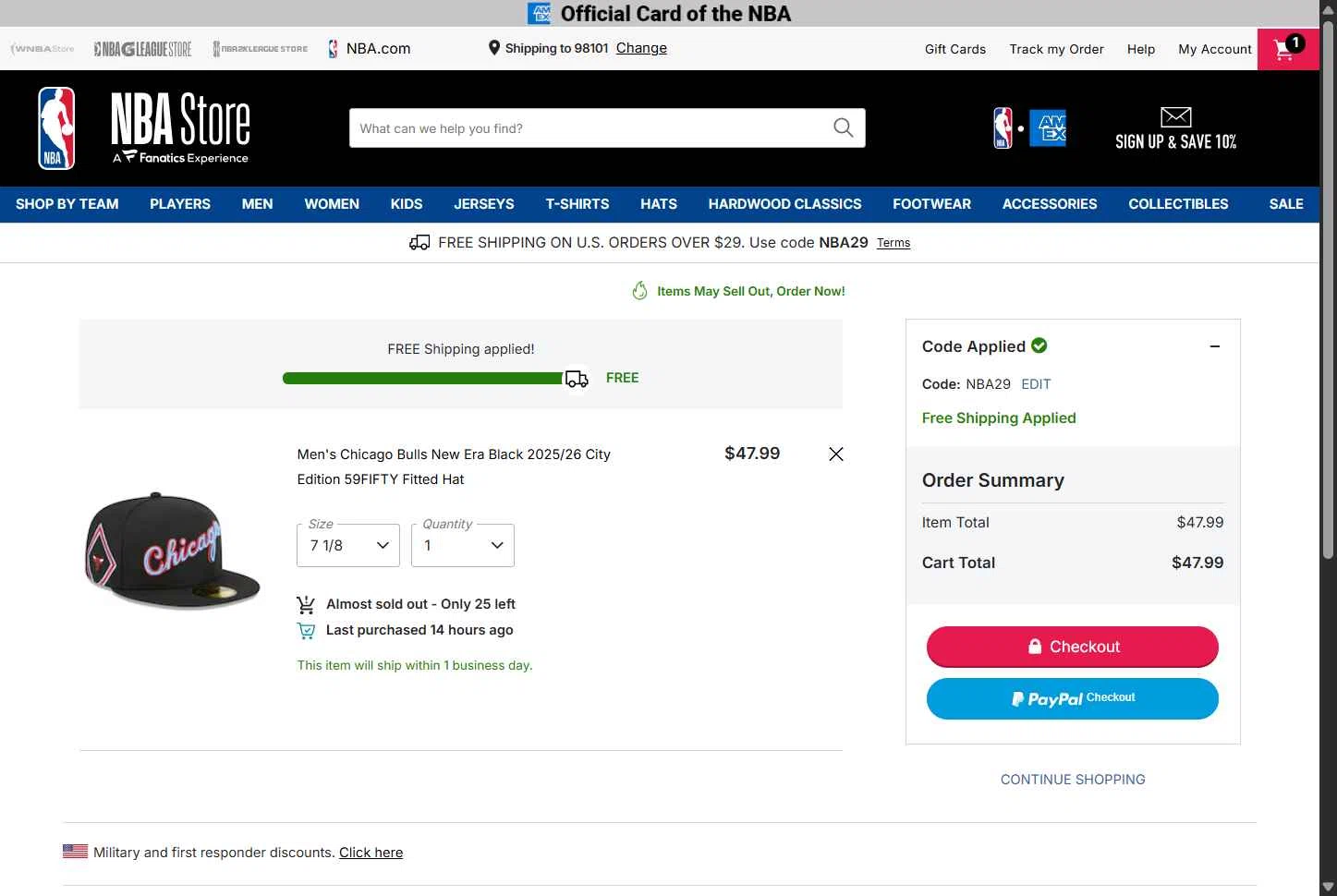 Chicago Bulls checkout page showing Chicago Bulls promo code box | Screenshot taken by SimplyCodes community member on Feb 20, 2026
