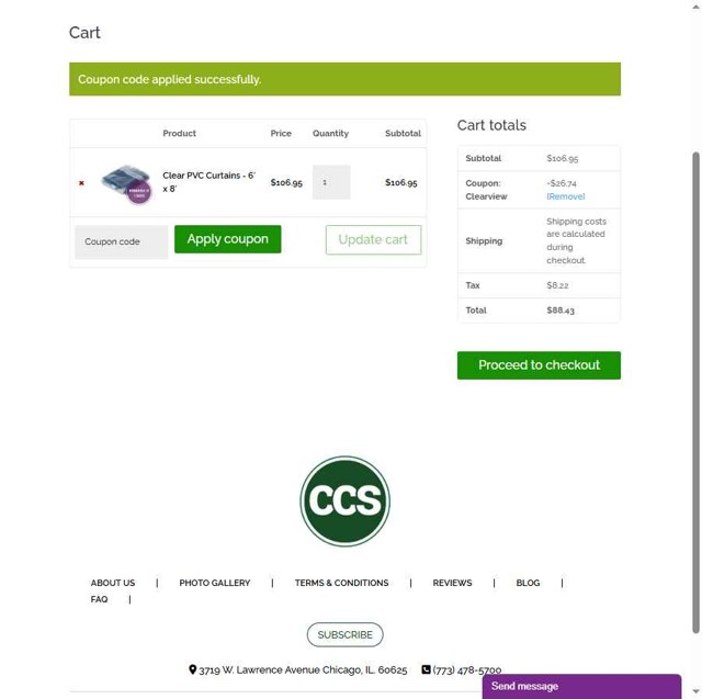Chicago Canvas & Supply checkout page showing Chicago Canvas & Supply promo code box | Screenshot taken by SimplyCodes community member on Jun 16, 2025
