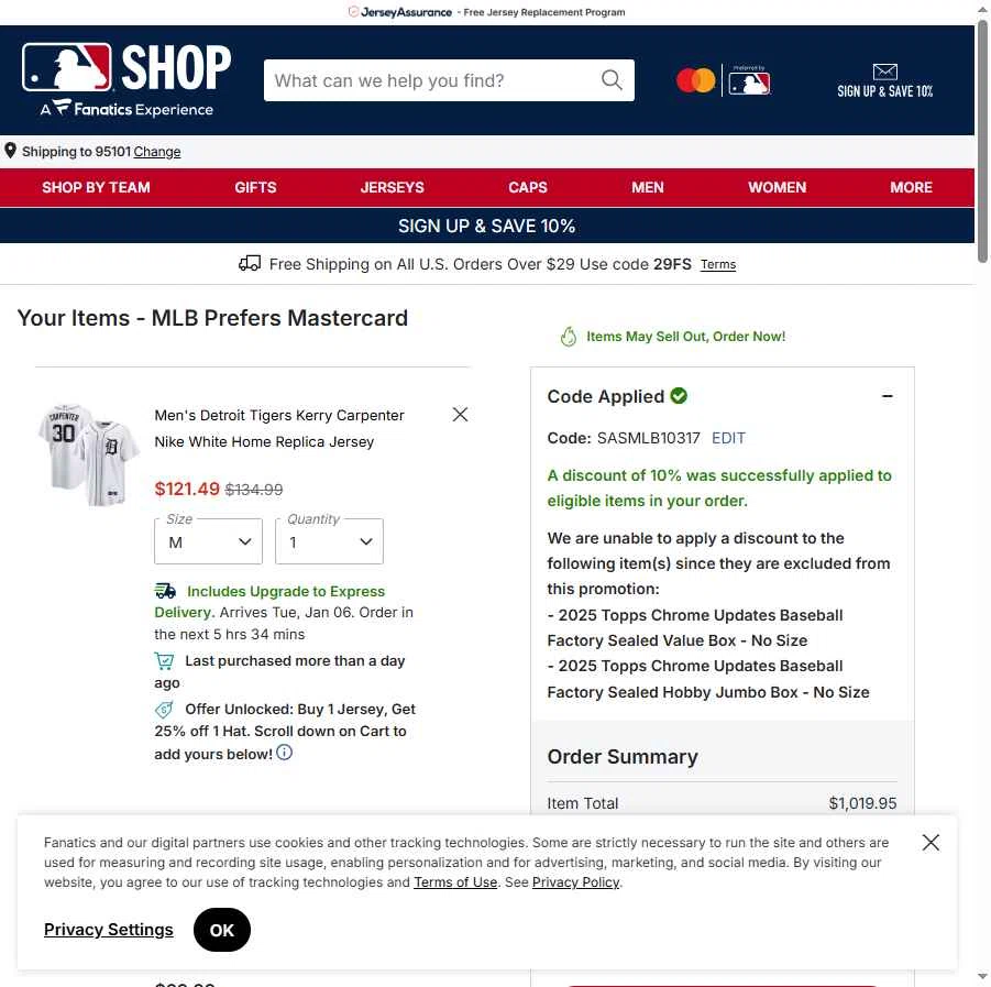 Chicago Cubs checkout page showing Chicago Cubs promo code box | Screenshot taken by SimplyCodes community member on Jan 2, 2026