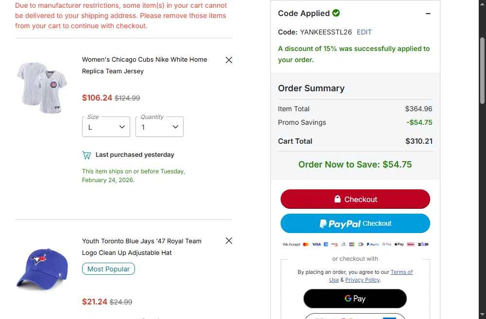 Chicago Cubs checkout page showing Chicago Cubs promo code box | Screenshot taken by SimplyCodes community member on Feb 24, 2026