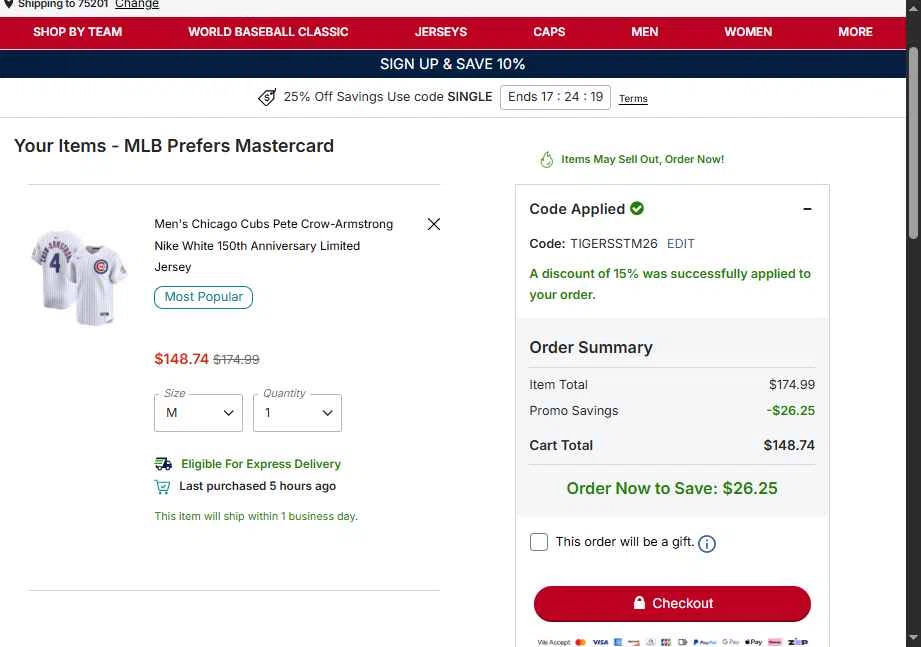 Chicago Cubs checkout page showing Chicago Cubs promo code box | Screenshot taken by SimplyCodes community member on Feb 27, 2026