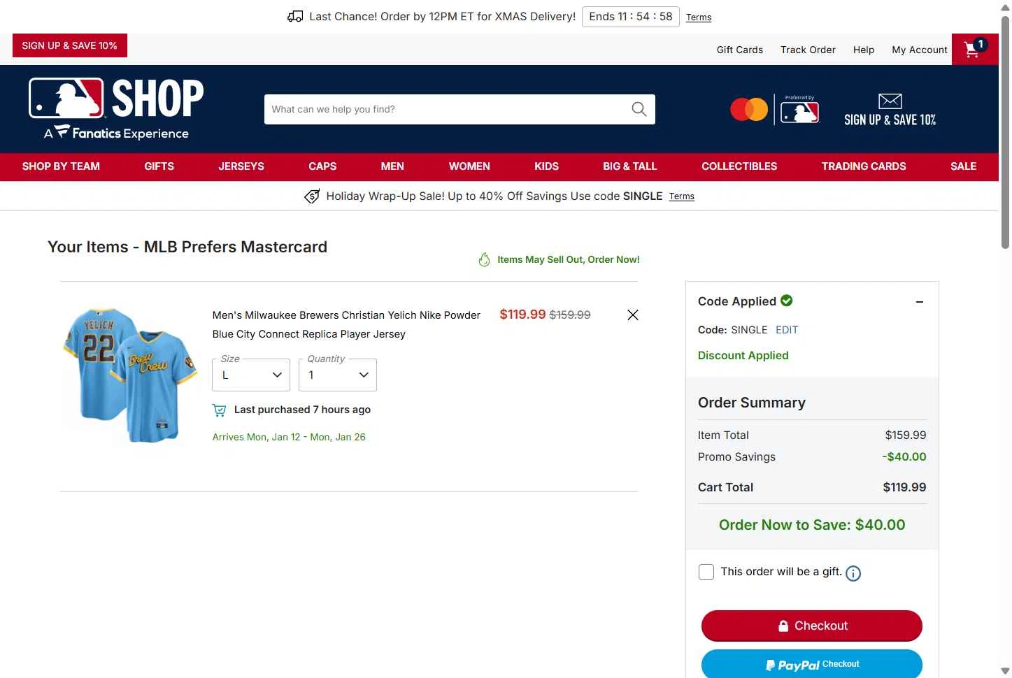 Chicago Cubs checkout page showing Chicago Cubs promo code box | Screenshot taken by SimplyCodes community member on Dec 22, 2025