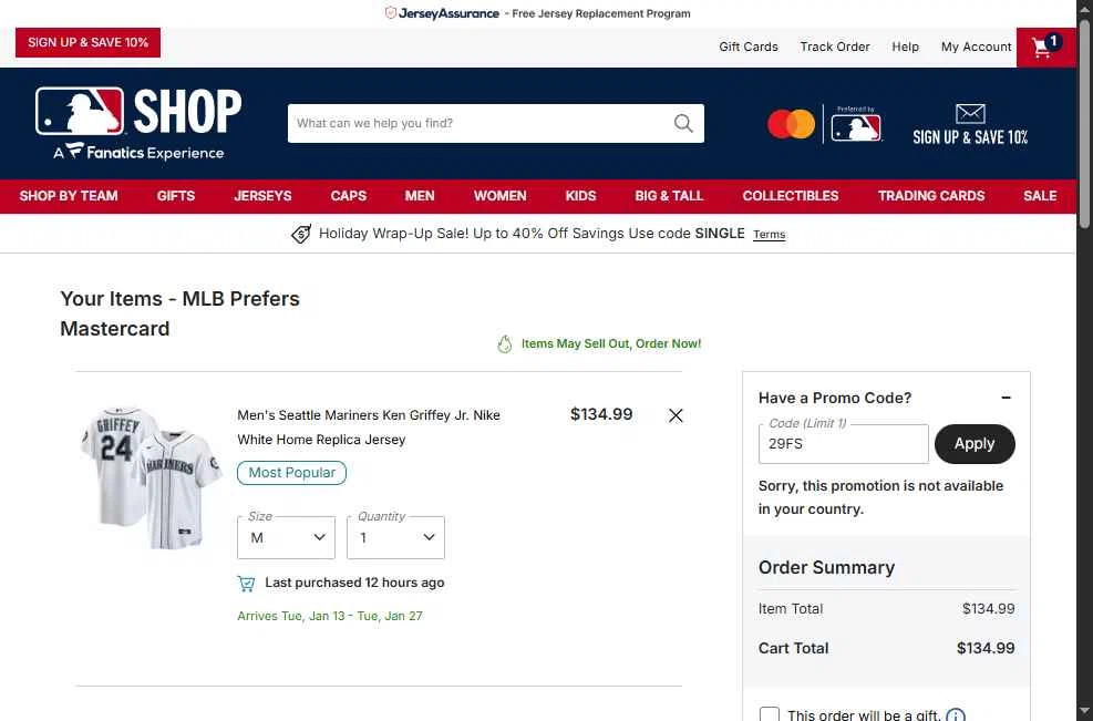 Chicago Cubs checkout page showing Chicago Cubs promo code box | Screenshot taken by SimplyCodes community member on Dec 28, 2025