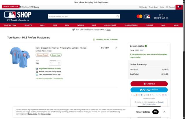 Chicago Cubs checkout page showing Chicago Cubs promo code box | Screenshot taken by SimplyCodes community member on Oct 5, 2025
