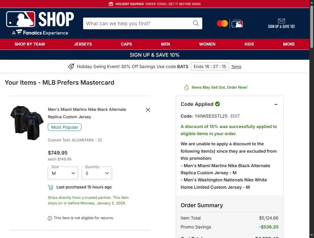 Chicago Cubs checkout page showing Chicago Cubs promo code box | Screenshot taken by SimplyCodes community member on Dec 15, 2025