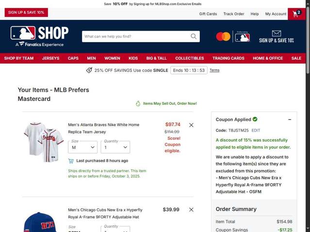 Chicago Cubs checkout page showing Chicago Cubs promo code box | Screenshot taken by SimplyCodes community member on Oct 2, 2025